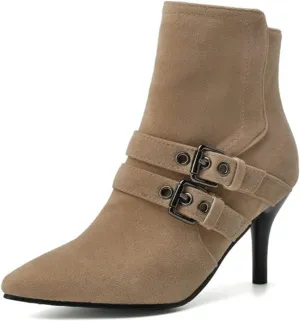 Myallfeet Women's Suede Thin Heeled Pointed High Heeled Short Boots Classic Sexy Side Zipper Comfortable Ankle Boots