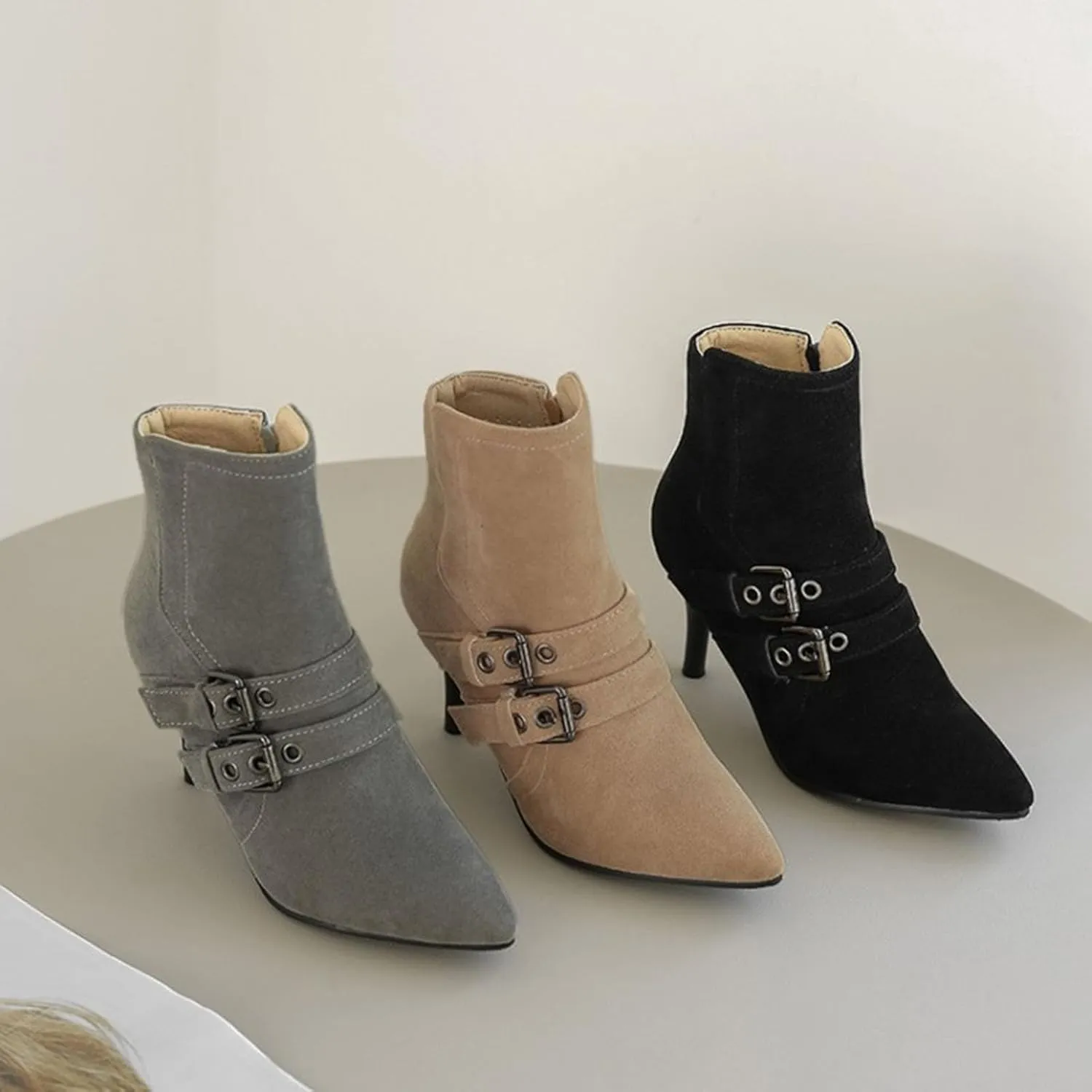 Myallfeet Women's Suede Thin Heeled Pointed High Heeled Short Boots Classic Sexy Side Zipper Comfortable Ankle Boots