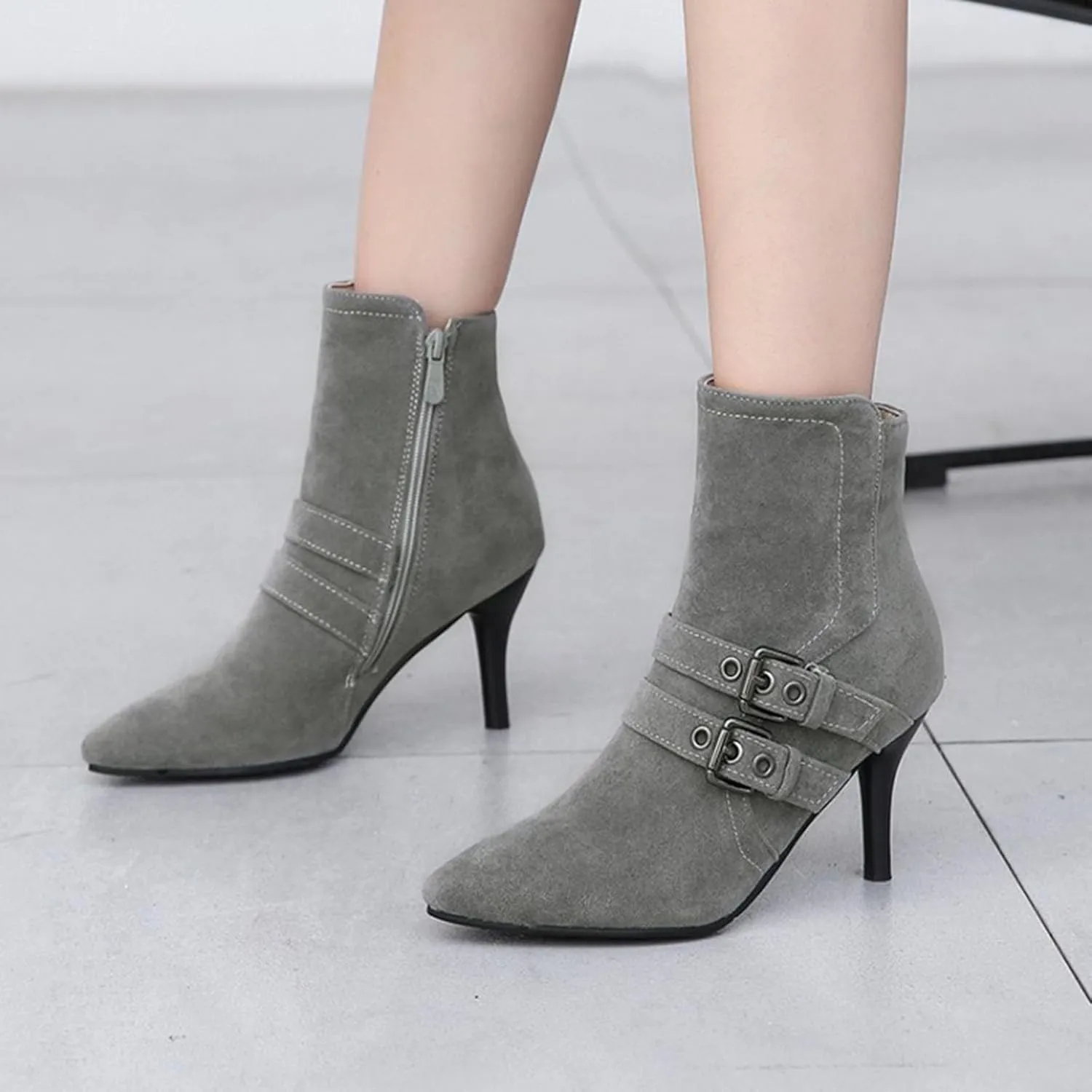 Myallfeet Women's Suede Thin Heeled Pointed High Heeled Short Boots Classic Sexy Side Zipper Comfortable Ankle Boots
