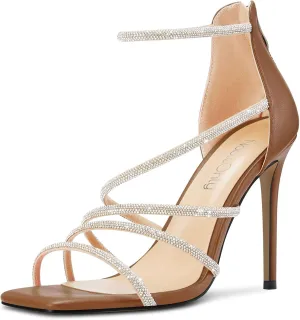 NobleOnly Women Open Toe Stiletto High Heel Ankle Strap Glitter Rhinestone Crystal Sandals Prom Sexy Shoes 3.9 Inches Heels