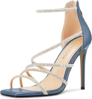NobleOnly Women Open Toe Stiletto High Heel Ankle Strap Glitter Rhinestone Crystal Sandals Prom Sexy Shoes 3.9 Inches Heels