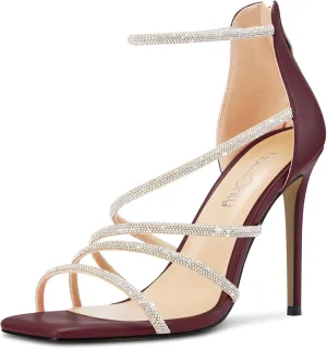 NobleOnly Women Open Toe Stiletto High Heel Ankle Strap Glitter Rhinestone Crystal Sandals Prom Sexy Shoes 3.9 Inches Heels