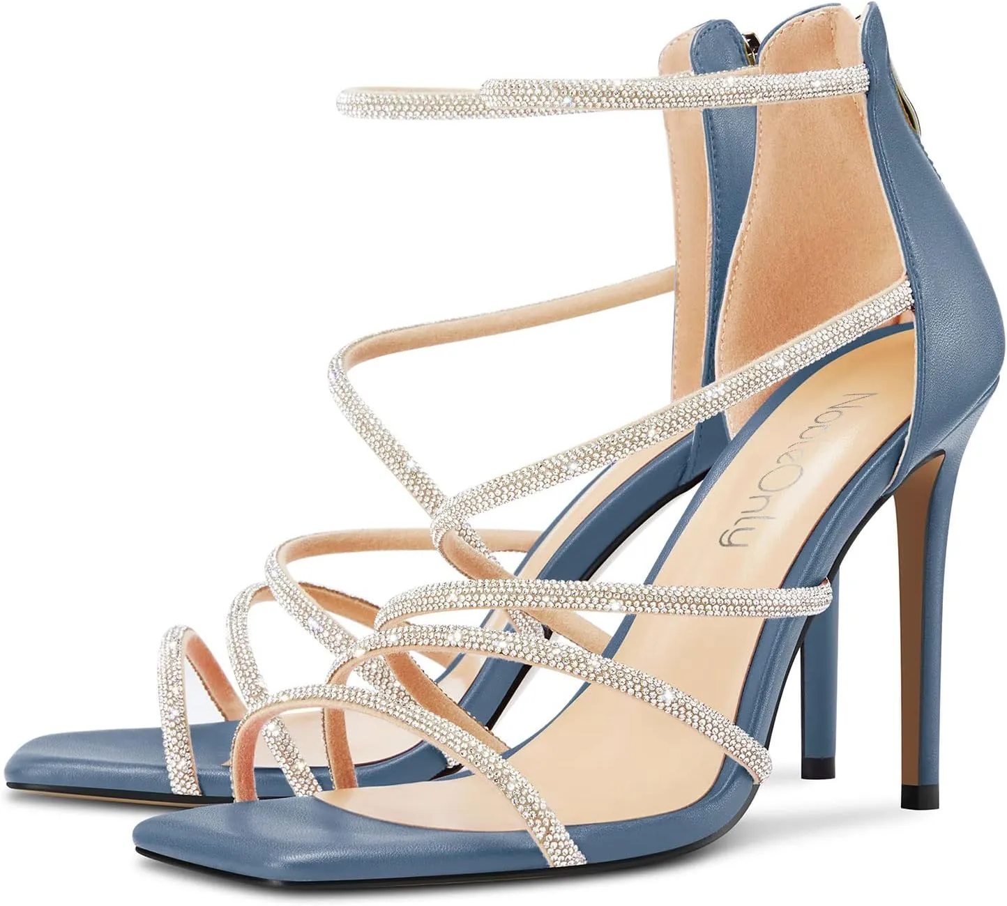 NobleOnly Women Open Toe Stiletto High Heel Ankle Strap Glitter Rhinestone Crystal Sandals Prom Sexy Shoes 3.9 Inches Heels
