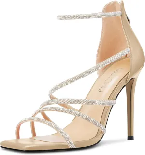 NobleOnly Women Open Toe Stiletto High Heel Ankle Strap Glitter Rhinestone Crystal Sandals Prom Sexy Shoes 3.9 Inches Heels