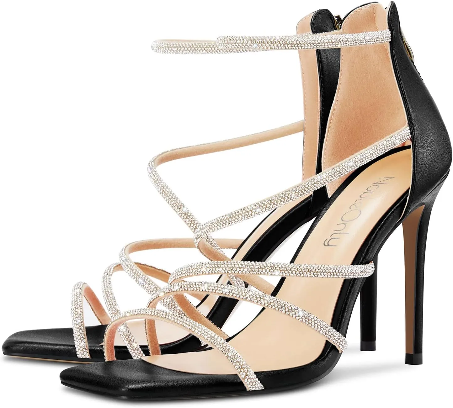 NobleOnly Women Open Toe Stiletto High Heel Ankle Strap Glitter Rhinestone Crystal Sandals Prom Sexy Shoes 3.9 Inches Heels