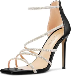 NobleOnly Women Open Toe Stiletto High Heel Ankle Strap Glitter Rhinestone Crystal Sandals Prom Sexy Shoes 3.9 Inches Heels
