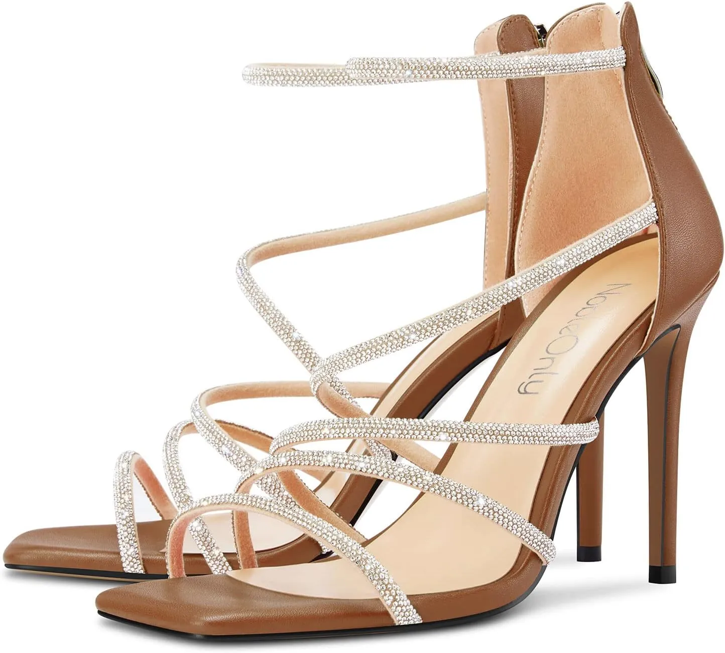 NobleOnly Women Open Toe Stiletto High Heel Ankle Strap Glitter Rhinestone Crystal Sandals Prom Sexy Shoes 3.9 Inches Heels