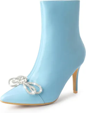 Perphy Patent Leather Boot Bow Rhinestone Pointy Toe Stiletto Heels Ankle Boots for Women