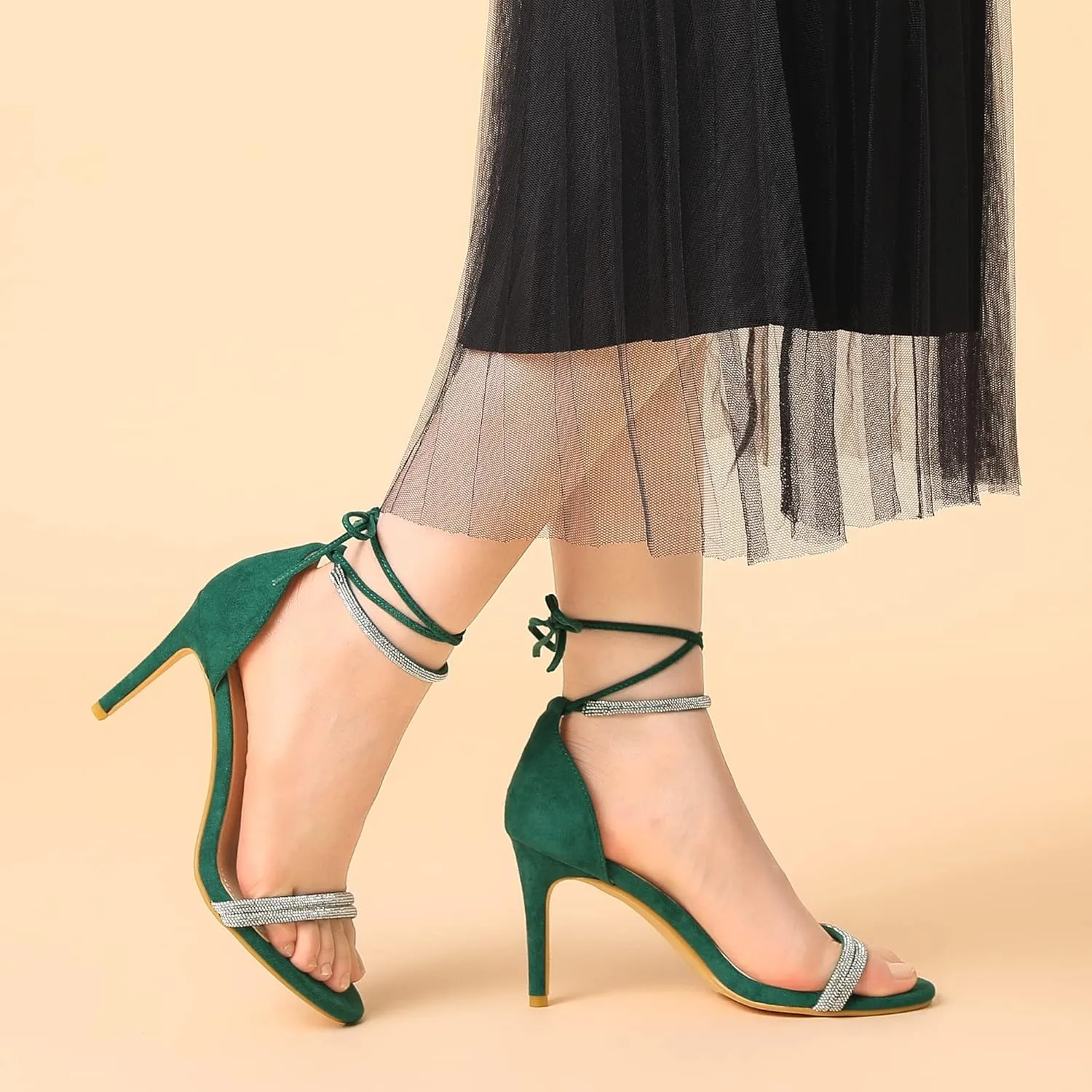 Perphy Rhinestone Ankle Tie Stiletto Heels Sandals for Women