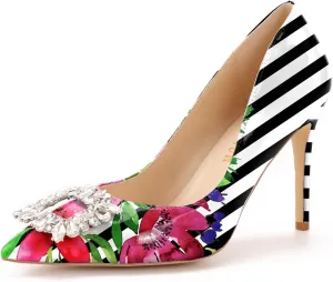 Reindee Lusion Womens High Stiletto Heels Pumps Crystal Printed Closed Toe Sexy Pumps Shoes