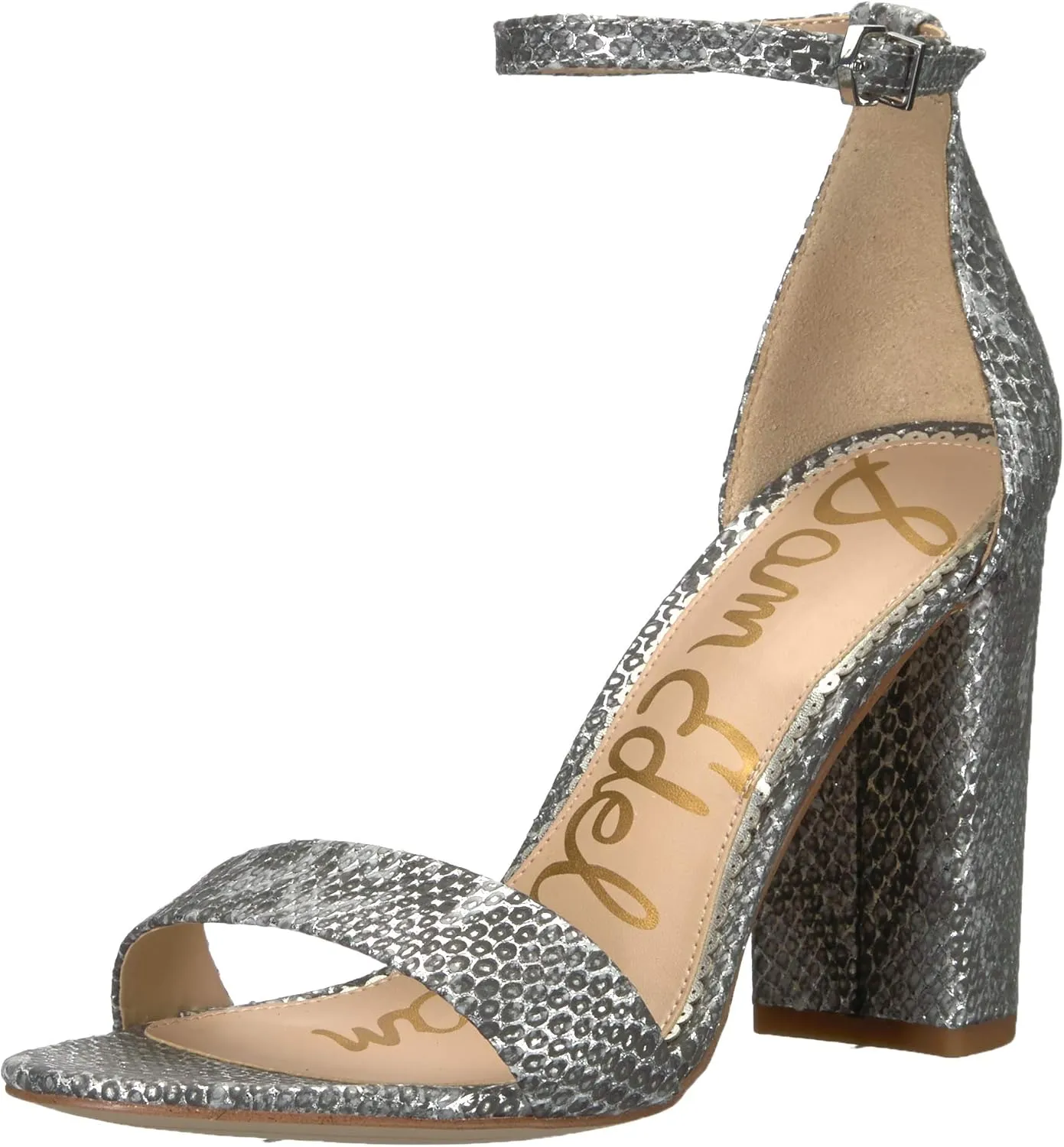 Sam Edelman Yaro Block Heeled Ankle Strap Two Piece Sandals Silver Snake Pumps