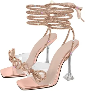 sexytag Clear Heels Diamante Bow Heels Lace Up Strap Rhinestone Sparkly Stiletto Heel Sandals