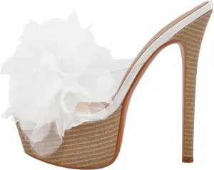 sexytag Flower Platform Heels Clear Open Toe Slip On Mules Floral Stiletto High Heeled Slide Sandals