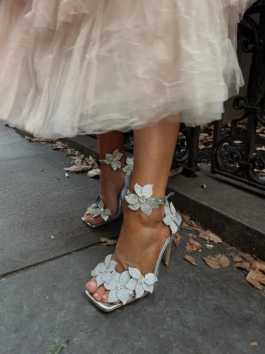 sexytag Rhinestone Flower Heels Ankle Strap Crystal Strappy Sandals Sparkly Stiletto Prom Heels
