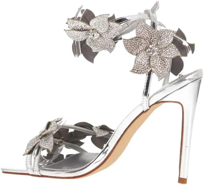 sexytag Rhinestone Flower Heels Ankle Strap Crystal Strappy Sandals Sparkly Stiletto Prom Heels