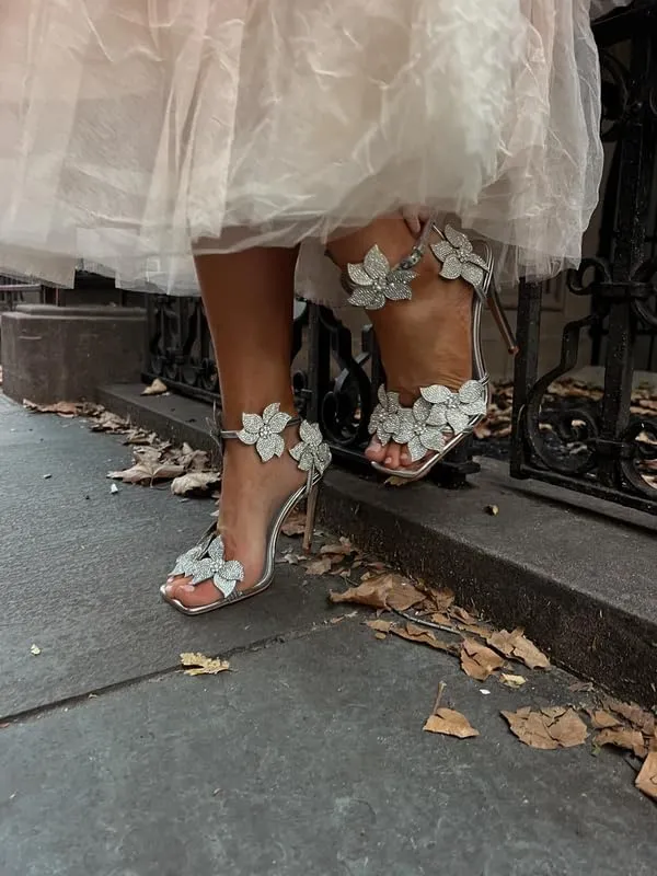 sexytag Rhinestone Flower Heels Ankle Strap Crystal Strappy Sandals Sparkly Stiletto Prom Heels