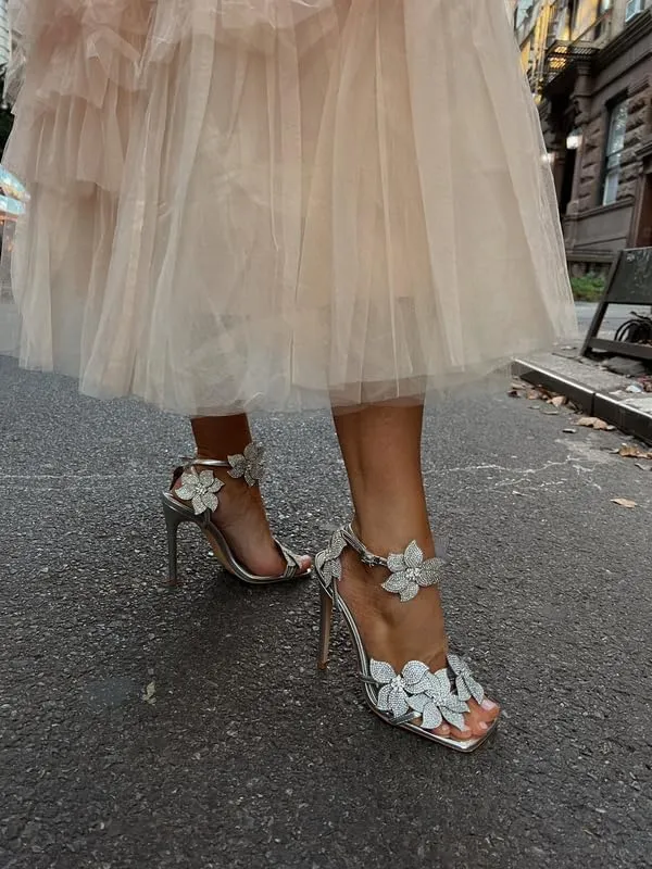 sexytag Rhinestone Flower Heels Ankle Strap Crystal Strappy Sandals Sparkly Stiletto Prom Heels