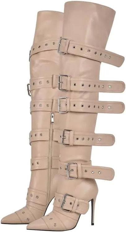 sexytag Thigh High Multi-buckle Wide Calf Boots Stiletto Heel Over the Knee Boots