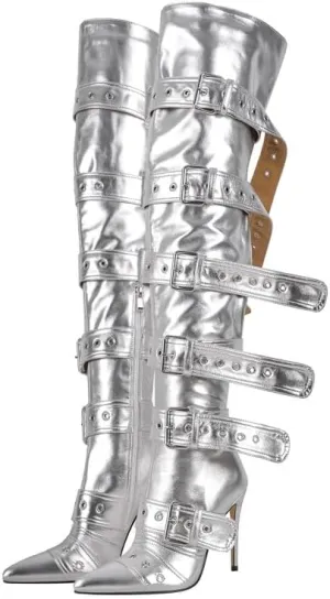 sexytag Thigh High Multi-buckle Wide Calf Boots Stiletto Heel Over the Knee Boots
