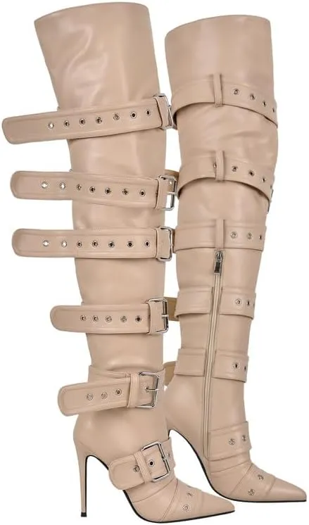 sexytag Thigh High Multi-buckle Wide Calf Boots Stiletto Heel Over the Knee Boots