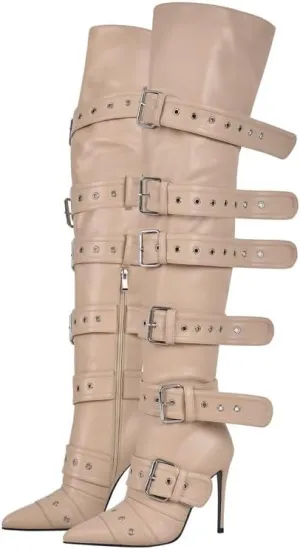 sexytag Thigh High Multi-buckle Wide Calf Boots Stiletto Heel Over the Knee Boots