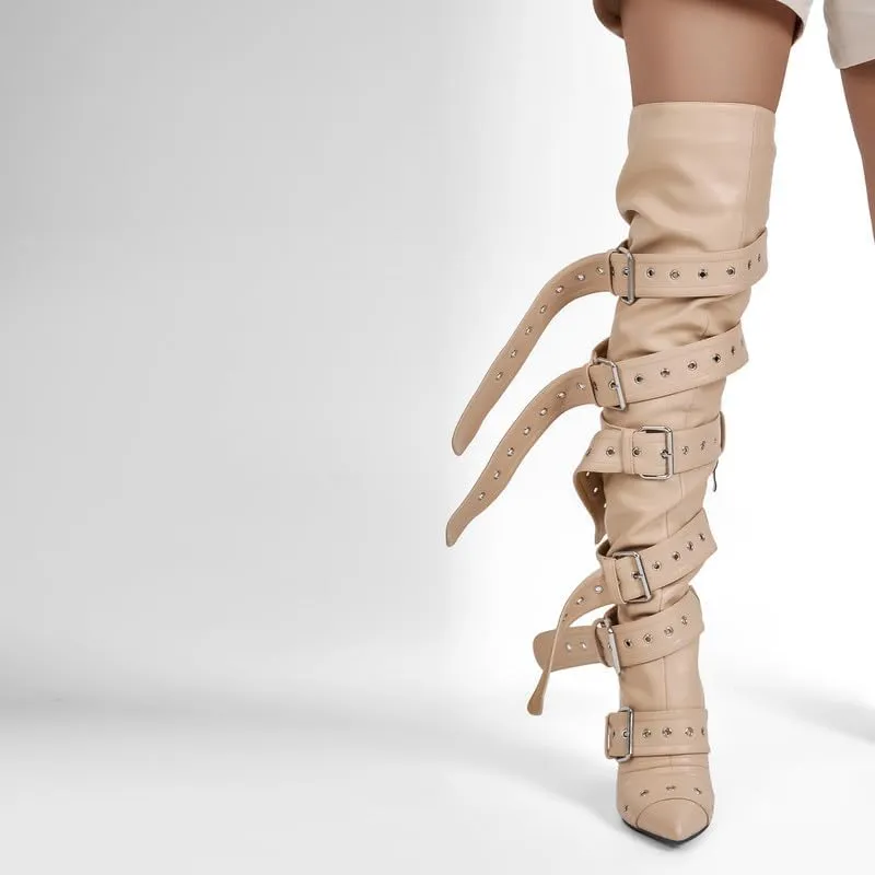 sexytag Thigh High Multi-buckle Wide Calf Boots Stiletto Heel Over the Knee Boots