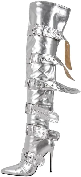 sexytag Thigh High Multi-buckle Wide Calf Boots Stiletto Heel Over the Knee Boots