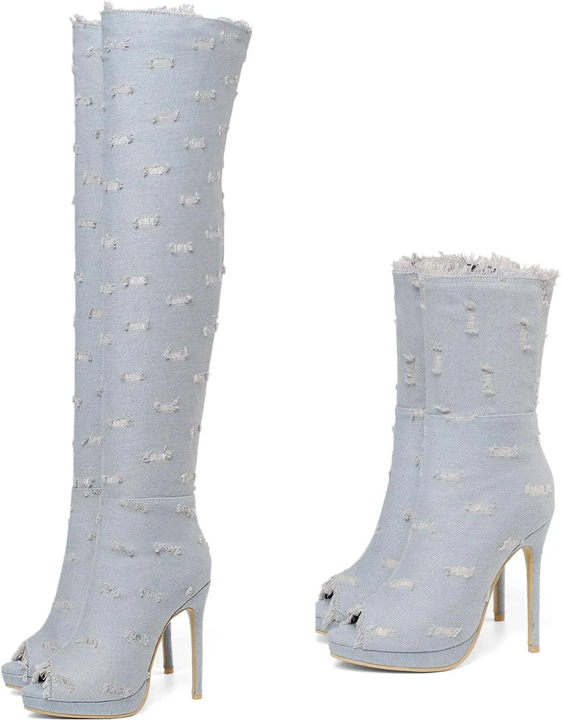 SHEMEE Women's Peep Toe Denim Boots Stiletto Heels Summer Zipper Jeans Boot High Heeled Sandals Shoes