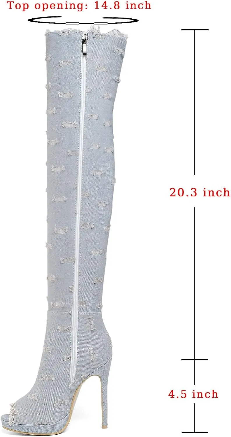 SHEMEE Women's Peep Toe Denim Boots Stiletto Heels Summer Zipper Jeans Boot High Heeled Sandals Shoes
