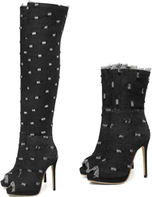 SHEMEE Women's Peep Toe Denim Boots Stiletto Heels Summer Zipper Jeans Boot High Heeled Sandals Shoes
