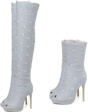 SHEMEE Women's Peep Toe Denim Boots Stiletto Heels Summer Zipper Jeans Boot High Heeled Sandals Shoes