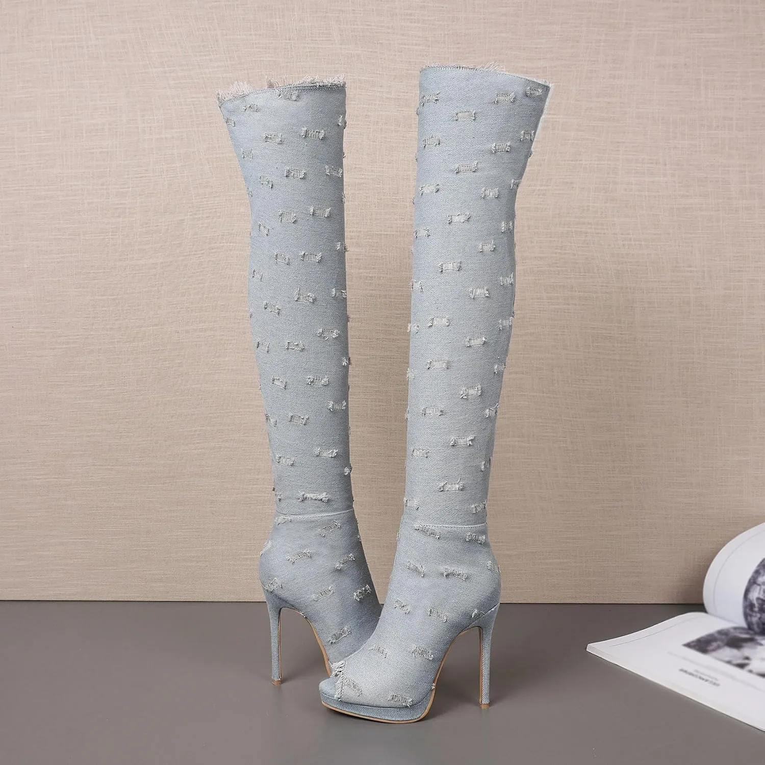 SHEMEE Women's Peep Toe Denim Boots Stiletto Heels Summer Zipper Jeans Boot High Heeled Sandals Shoes