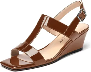 SHOWFOREST Women's Dress Evening Patent Ankle Strap Square Open Toe Slingback Low Heel Wedges Sandals 2 Inch