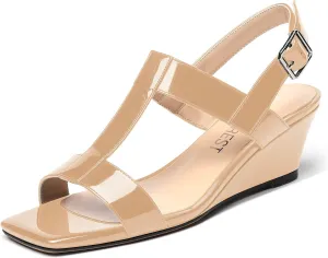 SHOWFOREST Women's Dress Evening Patent Ankle Strap Square Open Toe Slingback Low Heel Wedges Sandals 2 Inch