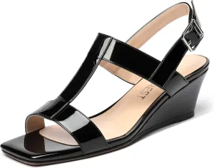 SHOWFOREST Women's Dress Evening Patent Ankle Strap Square Open Toe Slingback Low Heel Wedges Sandals 2 Inch