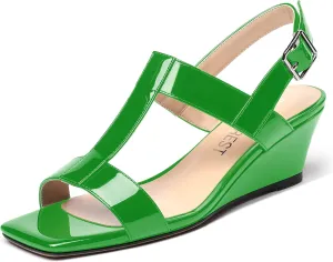 SHOWFOREST Women's Dress Evening Patent Ankle Strap Square Open Toe Slingback Low Heel Wedges Sandals 2 Inch