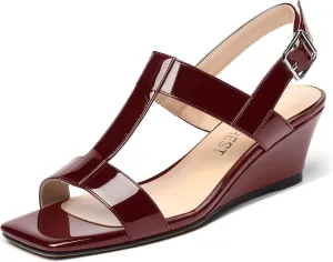 SHOWFOREST Women's Dress Evening Patent Ankle Strap Square Open Toe Slingback Low Heel Wedges Sandals 2 Inch