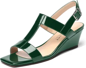 SHOWFOREST Women's Dress Evening Patent Ankle Strap Square Open Toe Slingback Low Heel Wedges Sandals 2 Inch