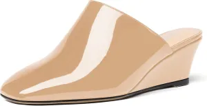 SHOWFOREST Women's Square Toe Evening Dress Slide Casual Patent Wedge Low Heel Mules Shoes 2 Inch