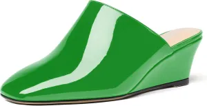 SHOWFOREST Women's Square Toe Evening Dress Slide Casual Patent Wedge Low Heel Mules Shoes 2 Inch