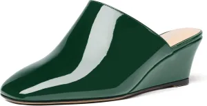 SHOWFOREST Women's Square Toe Evening Dress Slide Casual Patent Wedge Low Heel Mules Shoes 2 Inch