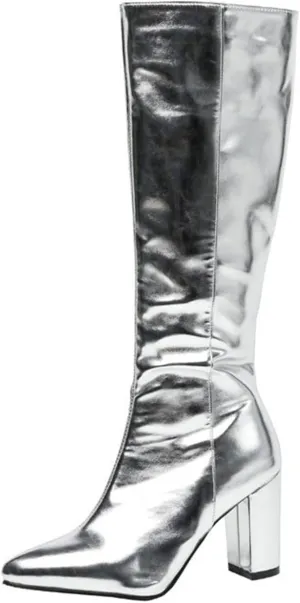 Silver Metallic Boots for Women Pointed Toe Chunky High Heel Knee High Boots Fashion Side Zipper Dressy Party Shoes