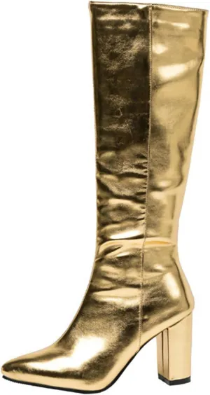 Silver Metallic Boots for Women Pointed Toe Chunky High Heel Knee High Boots Fashion Side Zipper Dressy Party Shoes