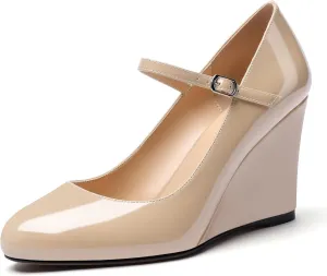 Soireelady Women Mary Jane Wedges Round Toe High Heel Pumps Adjustable Buckle Wedge Heels Pantent Leather Classic High Heels Elegant Dress Shoes for Party, Wedding, and Evening 3.15Inch