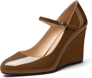 Soireelady Women Mary Jane Wedges Round Toe High Heel Pumps Adjustable Buckle Wedge Heels Pantent Leather Classic High Heels Elegant Dress Shoes for Party, Wedding, and Evening 3.15Inch