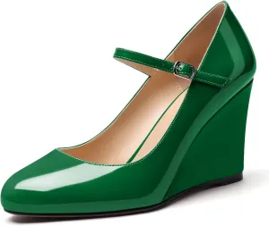 Soireelady Women Mary Jane Wedges Round Toe High Heel Pumps Adjustable Buckle Wedge Heels Pantent Leather Classic High Heels Elegant Dress Shoes for Party, Wedding, and Evening 3.15Inch