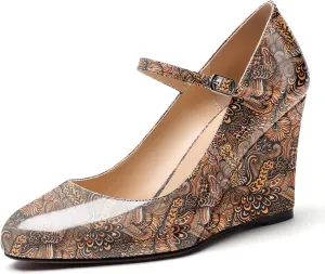 Soireelady Women Mary Jane Wedges Round Toe High Heel Pumps Adjustable Buckle Wedge Heels Pantent Leather Classic High Heels Elegant Dress Shoes for Party, Wedding, and Evening 3.15Inch