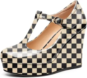 Soireelady Women's Wedges Heel Pumps Closed Round Toe Platform Heels T-Strap Buckle Wedges Platform High Heel Pump Shoes Dress Wedding Party Pumps 4Inch