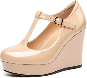 Soireelady Women's Wedges Heel Pumps Closed Round Toe Platform Heels T-Strap Buckle Wedges Platform High Heel Pump Shoes Dress Wedding Party Pumps 4Inch