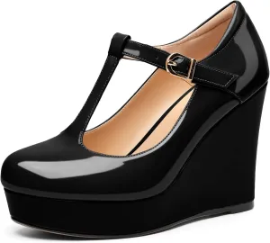 Soireelady Women's Wedges Heel Pumps Closed Round Toe Platform Heels T-Strap Buckle Wedges Platform High Heel Pump Shoes Dress Wedding Party Pumps 4Inch